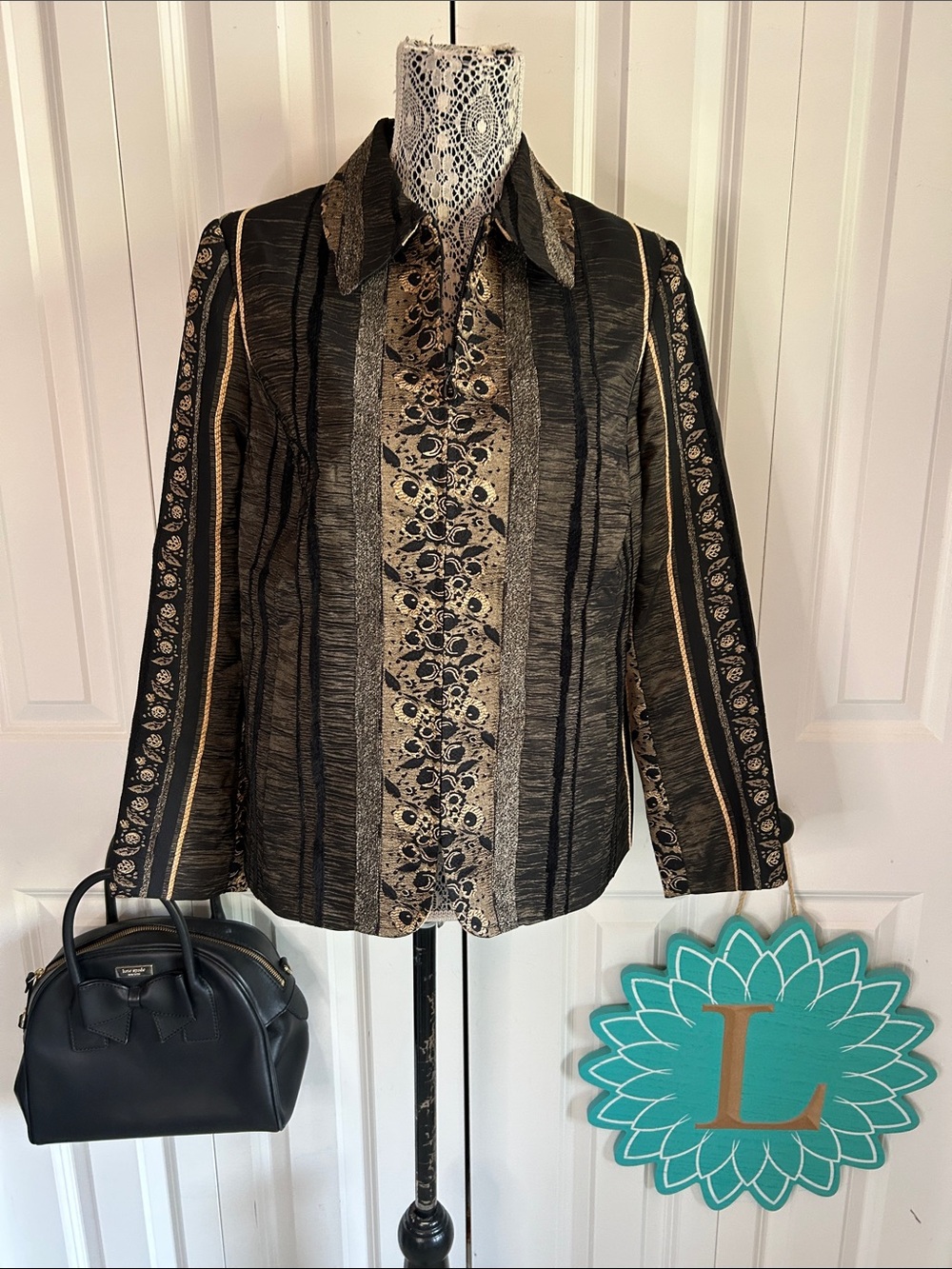 Vintage Tanjay Black & Gold Metallic Zip-Front Tapestry Blazer Jacket - Petite 6